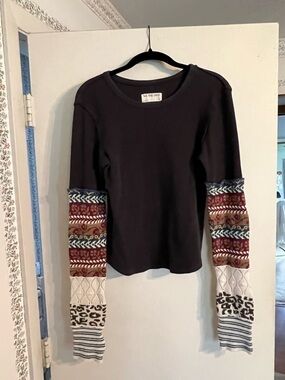 We The Free Washed Black Thermal Long Sleeve with Patterned Contrast Sleeves